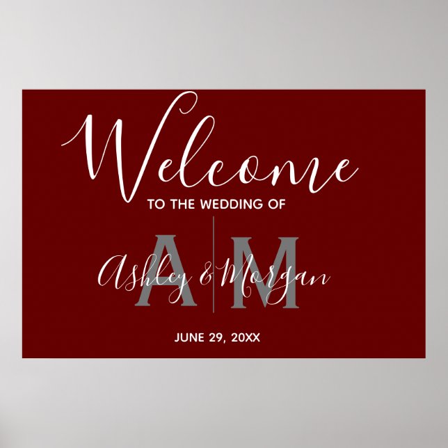Modern Gray & Red Couples Monogram Wedding Welcome Poster (Front)