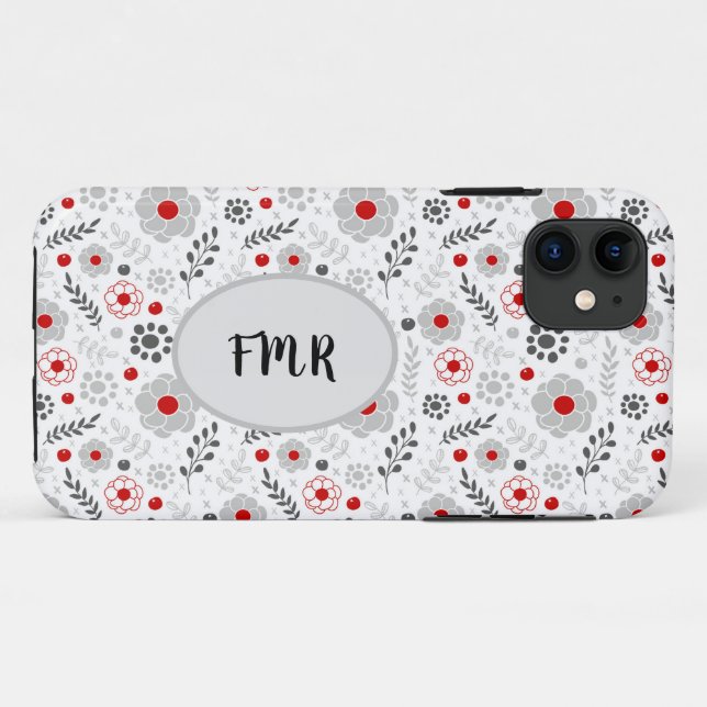 Modern Gray Red Floral Monogram Case-Mate iPhone Case (Back (Horizontal))