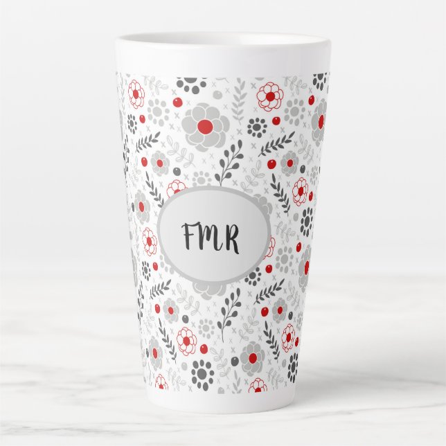 Modern Gray Red Floral Monogram Latte Mug (Front)