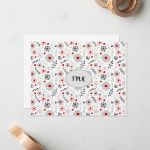 Modern Gray Red Floral Monogram Note Card