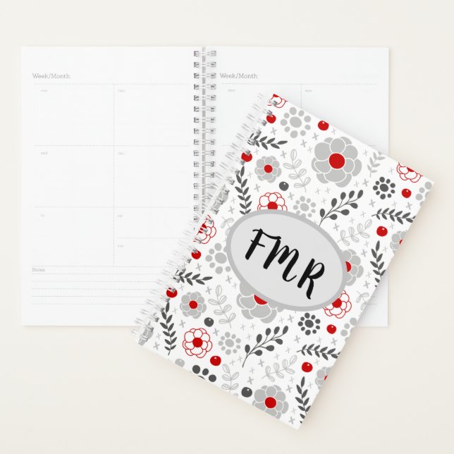 Modern Gray Red Floral Monogram Planner (Display)