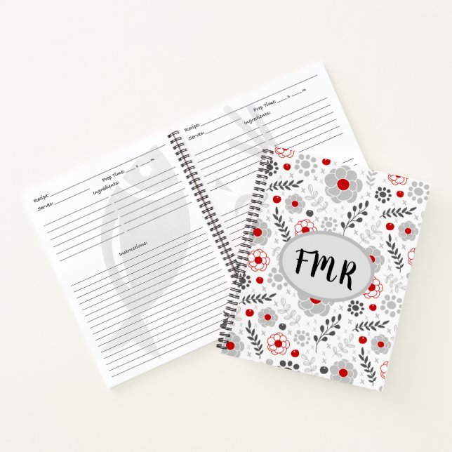 Modern Gray Red Floral Monogram Recipe Notebook (Inside)