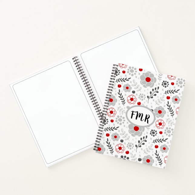 Modern Gray Red Floral Monogram Sketch Notebook (Inside)