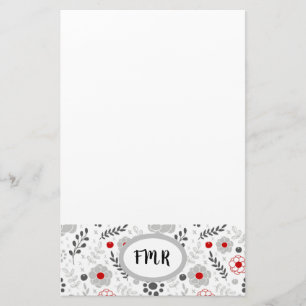 Modern Gray Red Floral Monogram Stationery