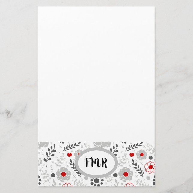 Modern Gray Red Floral Monogram Stationery (Front)