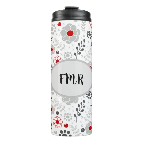 Modern Gray Red Floral Monogram Thermal Tumbler