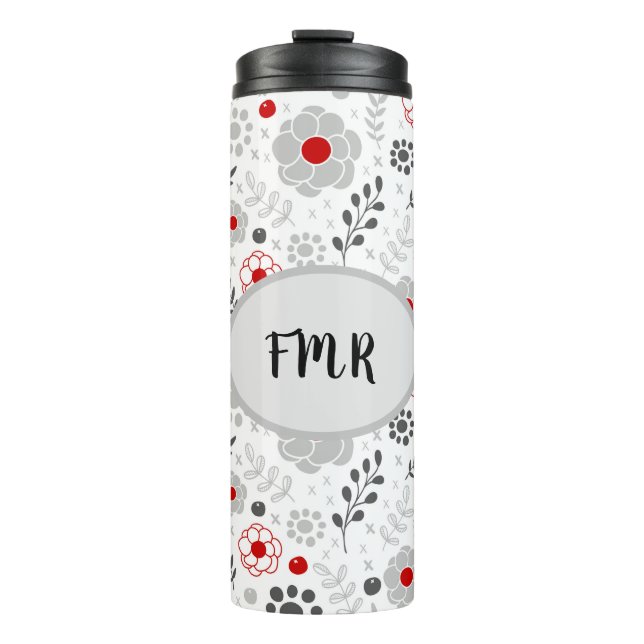 Modern Gray Red Floral Monogram Thermal Tumbler (Front)