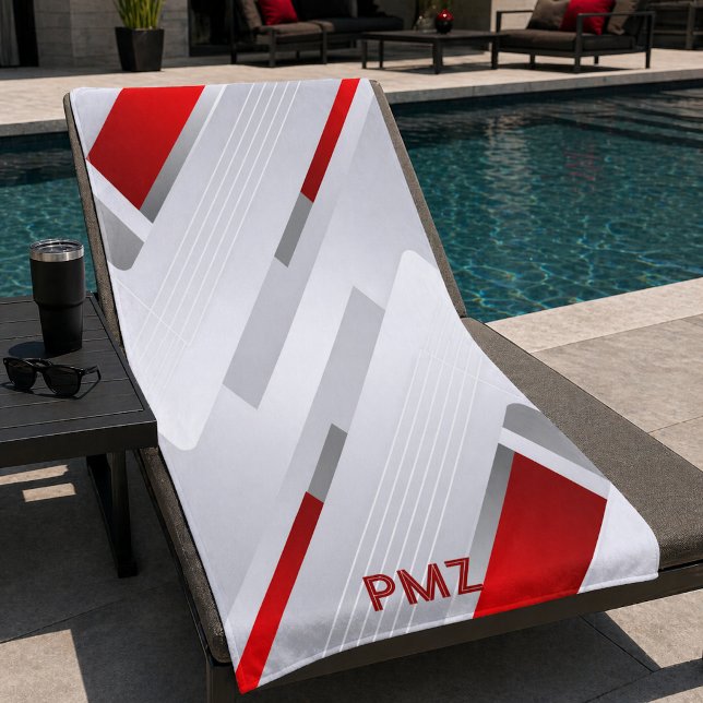 Modern Gray Red Geometric Monogram Beach Towel (Creator Uploaded)