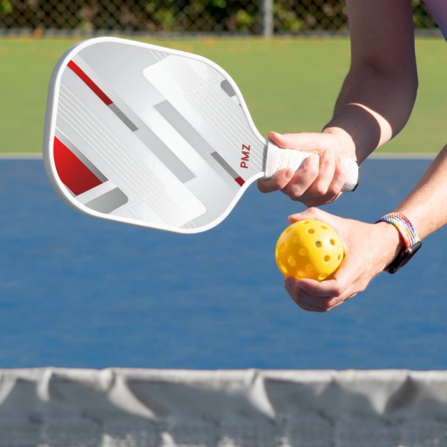 Modern Gray Red Geometric Monogram Pickleball Paddle (Insitu)