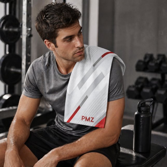 Modern Gray Red Geometric Monogram Sports Hand Towel (Creator Uploaded)