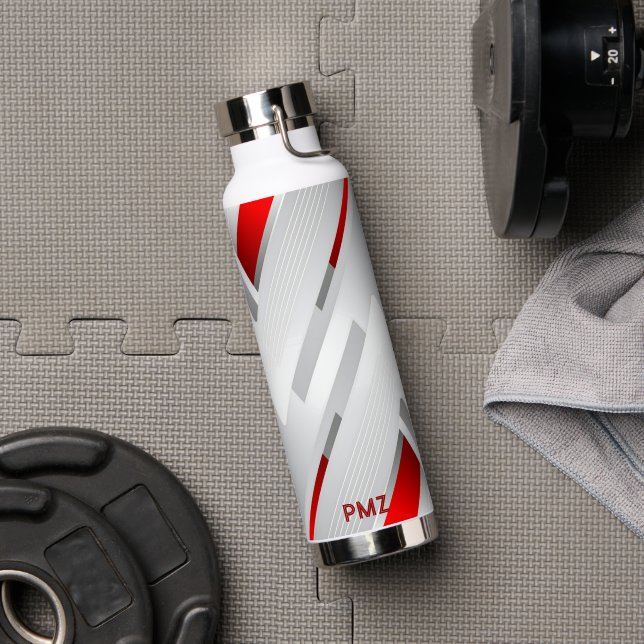 Modern Gray Red Geometric Monogram  Water Bottle (Gym (Rotated))
