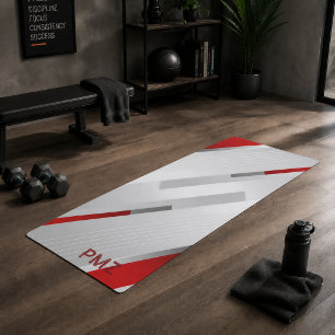 Modern Gray Red Geometric Monogram Yoga Mat