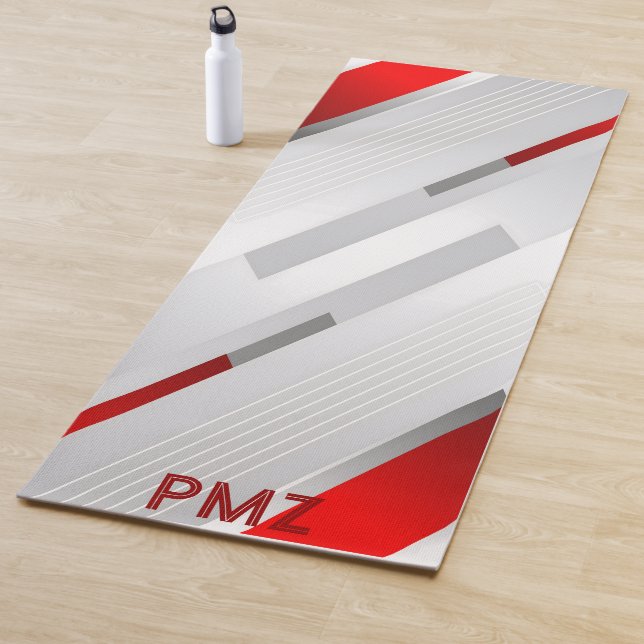 Modern Gray Red Geometric Monogram Yoga Mat (In Situ)