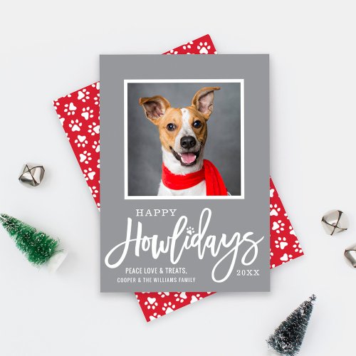 Modern Gray Red Happy Howlidays Puppy Dog Photo Holiday Card