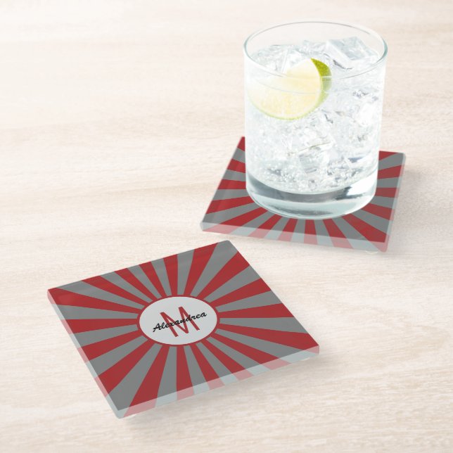 Modern Gray Red Initial Monogram Glass Coaster (Angled)