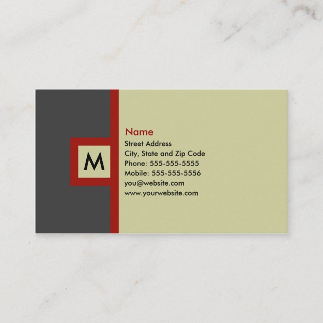 Modern Gray & Red Monogram Business Card (Front)