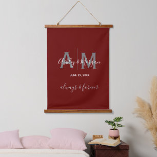 Modern Gray & Red  Monogram Wedding   Hanging Tapestry