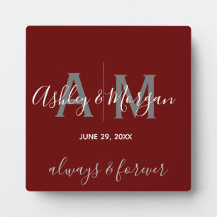 Modern Gray & Red  Monogram Wedding Keepsake  Plaque
