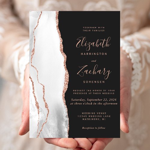 Modern Gray Rose Gold Agate Slate Black Wedding Invitation