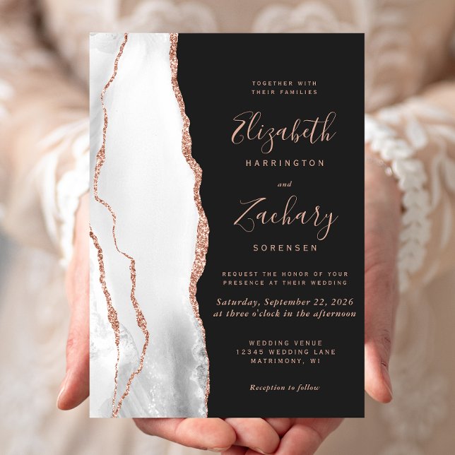 Modern Gray Rose Gold Agate Slate Black Wedding Invitation (Creator Uploaded)