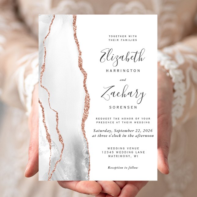 Modern Gray Rose Gold Agate Wedding Invitation (Creator Uploaded)