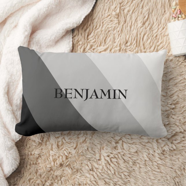 Modern Gray Scale Stripes Monogram Lumbar Pillow (Blanket)