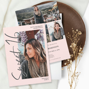 Modern Gray script 4 photos pink Sweet 16 Invitation