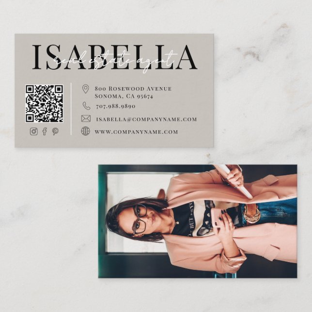 Modern Gray Script Photo Real Estate Agent Business Card (Front/Back)