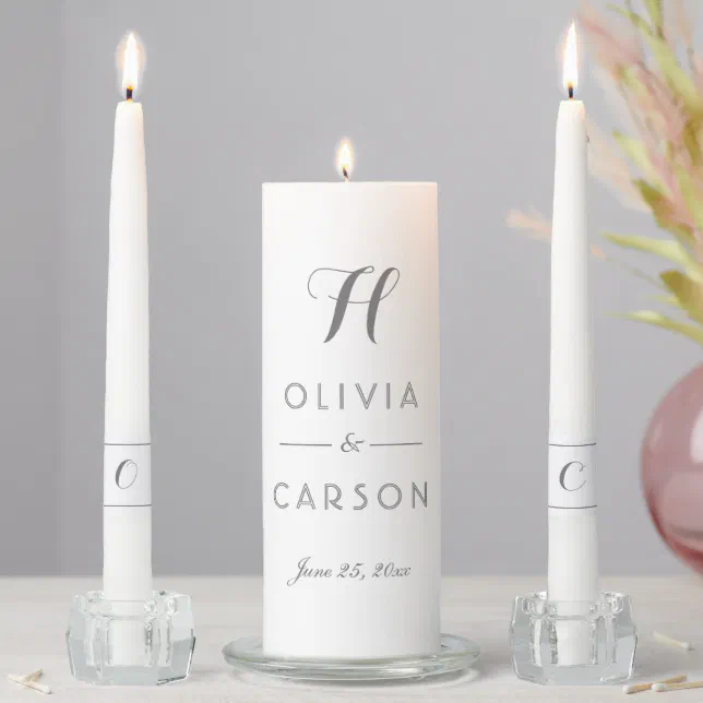 Modern Gray Script Wedding Monogram Unity Candle Set | Zazzle