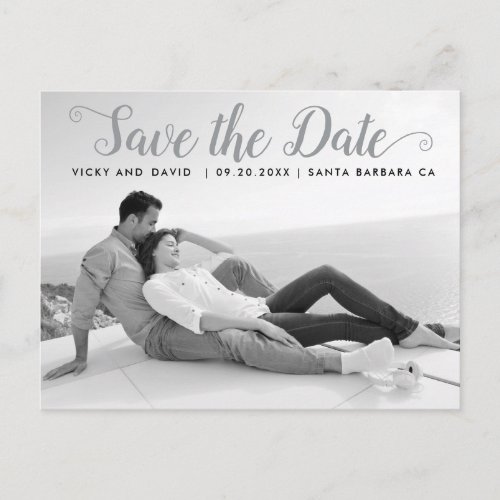 Modern gray script wedding Save the Date photo Postcard