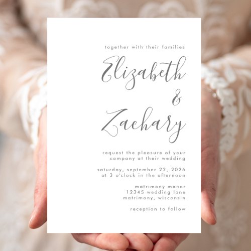 Modern Gray Script White Wedding Invitation