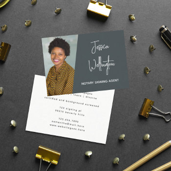 Modern Gray Signature Script Notary Lawyer Photo Business Card by oak_and_turner at Zazzle