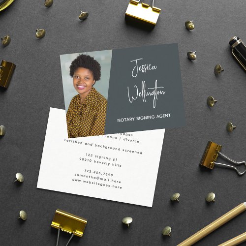 Modern Gray Signature Script Notary Lawyer Photo Business Card