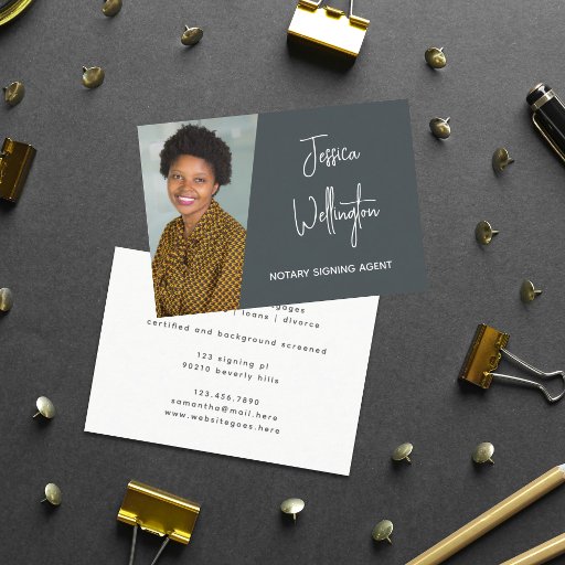 Customizable Modern Gray Signature Script Notary Lawyer Photo Business Card