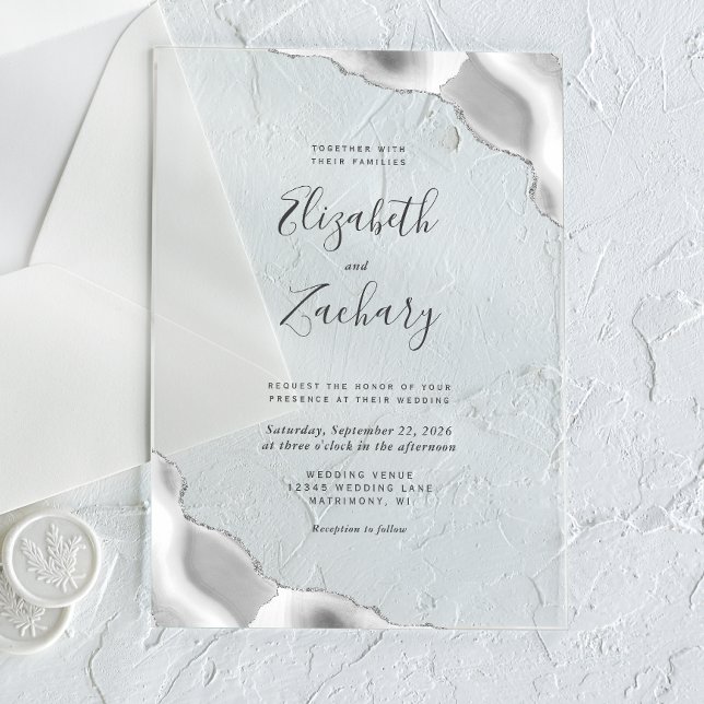 Modern Gray Silver Agate Corners Wedding Acrylic Invitations (Creator Uploaded)