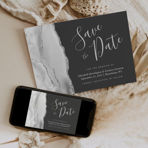 Modern Gray Silver Agate Dark Save the Date Card