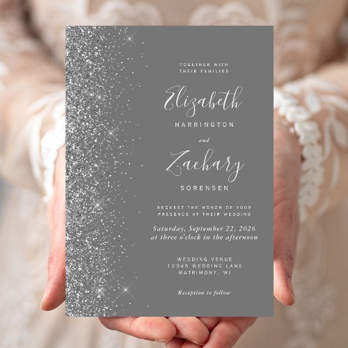 Modern Gray Silver Glitter Edge Wedding Invitation