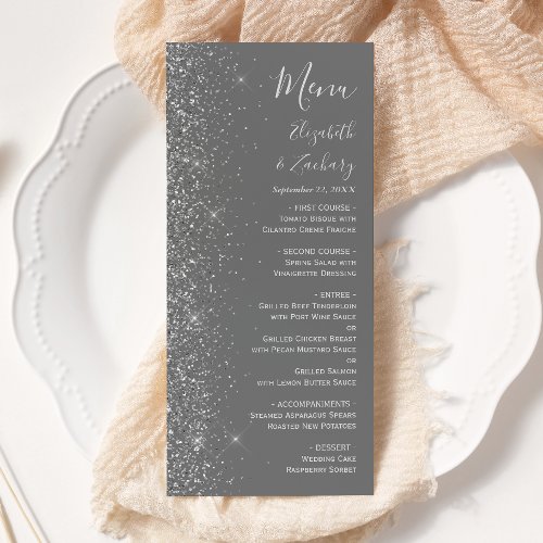 Modern Gray Silver Glitter Edge Wedding Menu