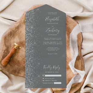 Modern Gray Silver Glitter Wedding All In One Invitation