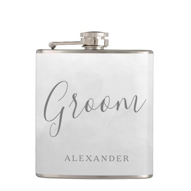 Modern Gray Silver Grooms Wedding Favor Name Gift Flask (Front)