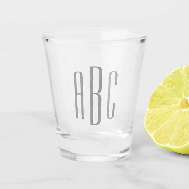 Modern Gray Simple Three Letter Monogram Shot Glass (Front)