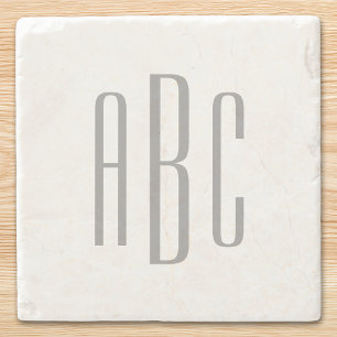 Modern Gray Simple Three Letter Monogram Stone Coaster