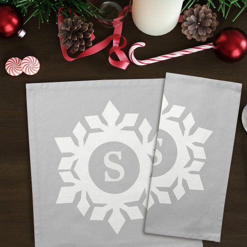 Modern Gray Snowflake Monogram Cloth Napkin