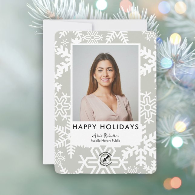 Modern Gray Snowflake Notary Happy Holidays Photo  Holiday Card (Creator Uploaded)