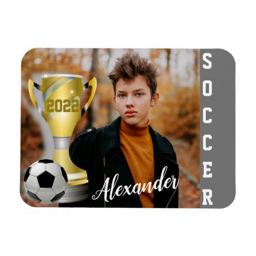 Modern Gray Soccer Sports Photo  Name for him Magnet