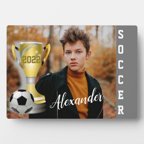 Modern Gray Soccer Sports Photo  Name for him Plaque