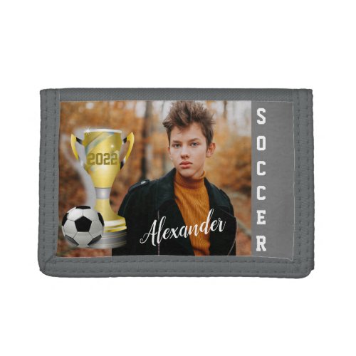 Modern Gray Soccer Sports Photo  Name for him Trifold Wallet