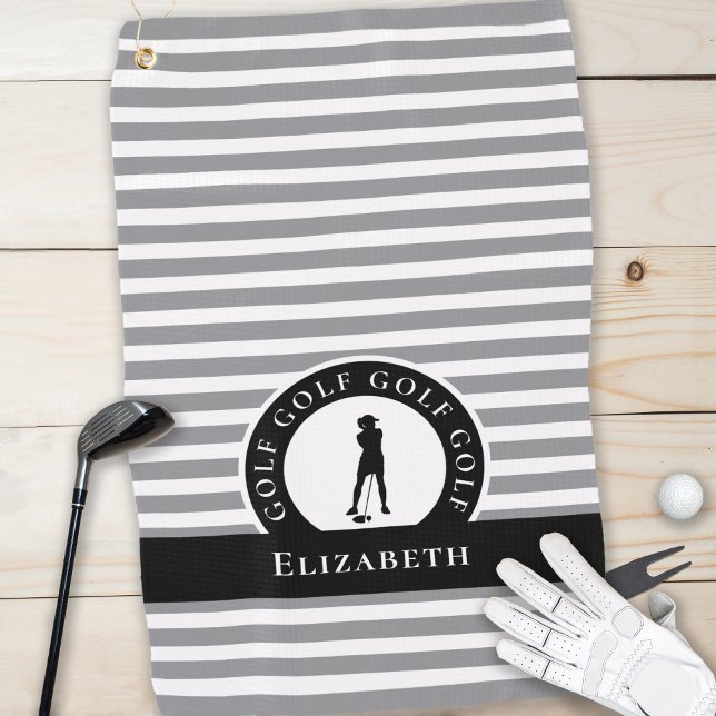 Modern Gray Stripe Female Golfer Monogram Golf Towel (Golfer Name Female Silhouette Gray Black Monogram Golf Towel)