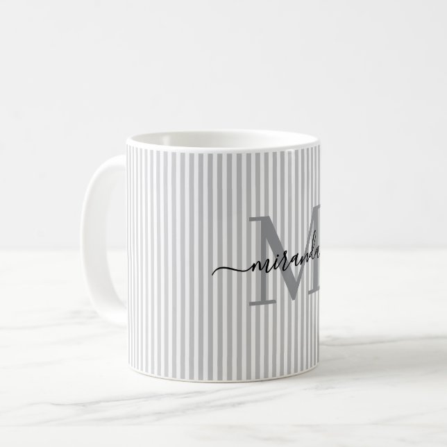 Modern Gray Stripe Monogram Name Coffee Mug (Front Left)