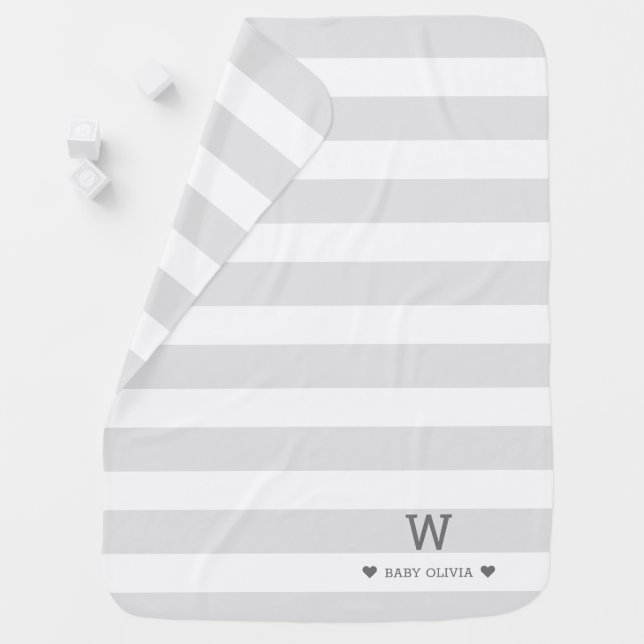 Modern Gray Striped Baby Name Monogram Blanket (In Situ)